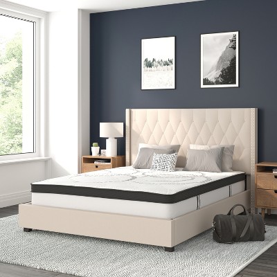 Elegant Beige Queen Platform Bed with Tufted Headboard and Nailhead Trim