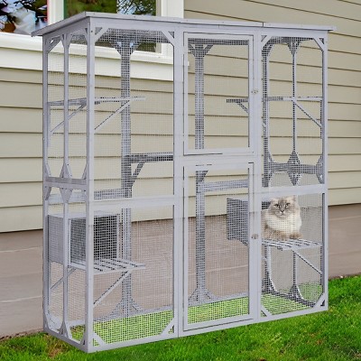 LAOTIES 72" Outdoor Cat Enclosure with Roof,Large Wooden Catio Cage with 3 Platforms And 2 Sleeping Houses