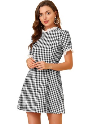 Allegra K Women's Summer Ruffle Neck Lace Panel Short Sleeve Check Gingham Dress