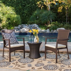 GDFStudio Angelica Outdoor Wicker and Iron 3 Piece Chat Set with Water Resistant Cushion, Brown/Beige - 1 of 4