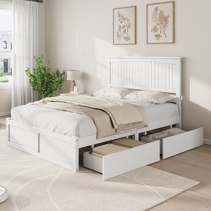AMERLIFE Full Size Solid Wood Storage Mid-Century Bed Frame with 50" Headboard, 2 Drawers, No Box Spring Needed, Noise-Free, White - 1 of 4