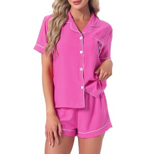 INSPIRE CHIC Women's 2 Pcs Heart Print Cute Short Sleeve Button Downs Shirt with Shorts Lounge Pajama Sets - 1 of 4