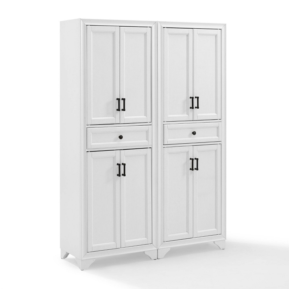 2pc Tara Pantry Set Distressed White - Crosley: Traditional Style, Freestanding Storage, 8-Door Cabinet with Adjustable Shelves