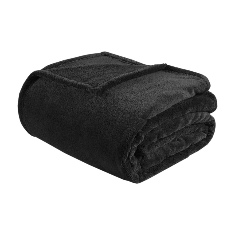Photos - Duvet Full/Queen Microlight Plush Solid Brushed Blanket Black