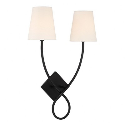 Matte Black 2-Light Wall Sconce with White Linen Shades