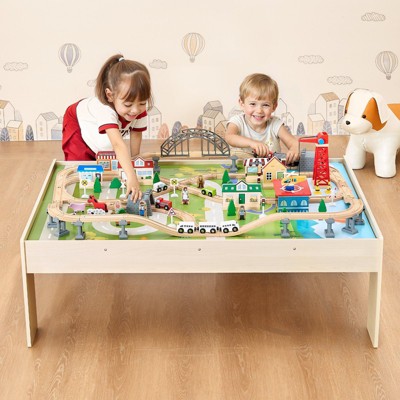 Angel Sar Train Table with 120 Wooden Pieces & Collapsible Storage Bin, Reversible Kids Activity Table for Play & Study, Wooden Toy Set for Toddlers