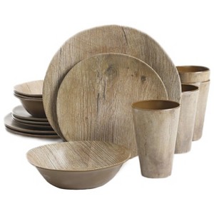 Gibson Elite Woodlands 16 Piece Melamine Wood Grain Decal Dinnerware Set - 1 of 4