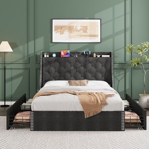 Garvee Bed Frame with 4 Storage Drawers and Wingback Storage Headboard, Charging Station with Type-C & USB Ports(Black/Gray,Full/Queen) - 1 of 4