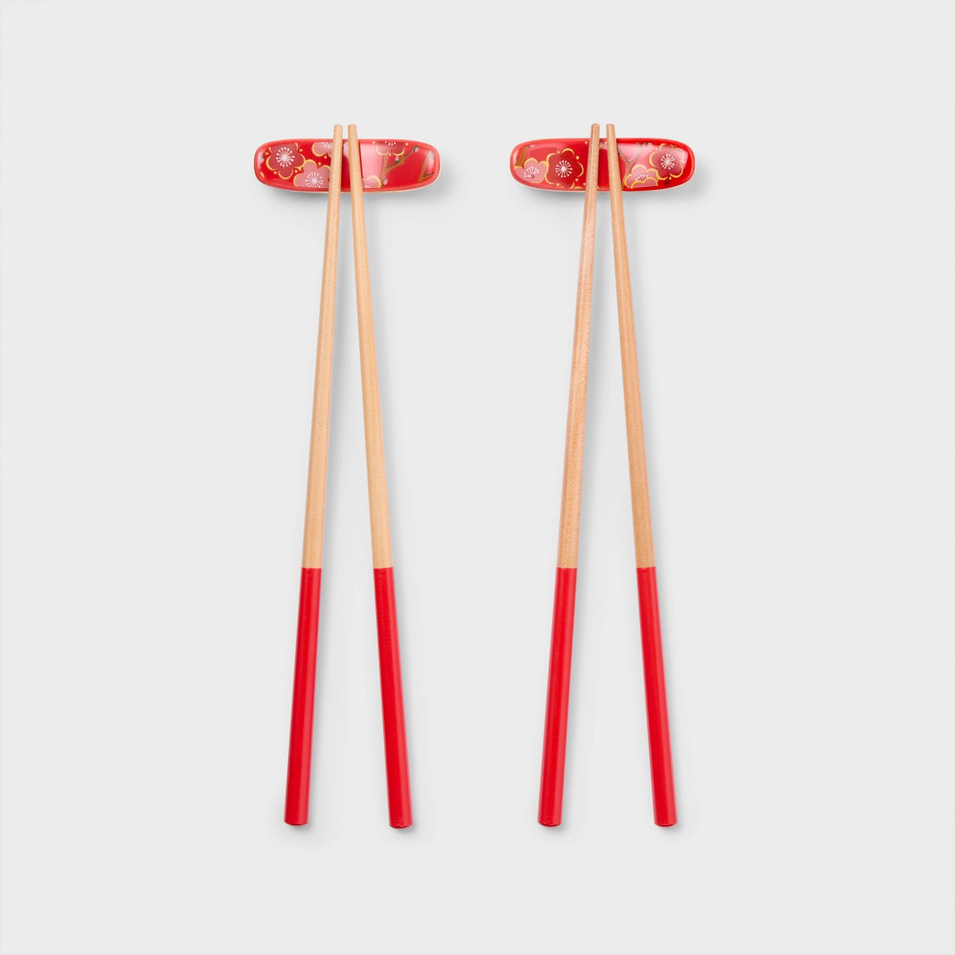 Lunar New Year Wood Chopstick and Stoneware Rest Dinnerware Set Red/Gold