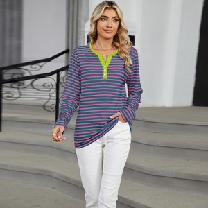 Clearlove 2025 Basic Tops for Women V Neck Long Sleeve Stripes Shirts Loose Tee Clothes - 1 of 4