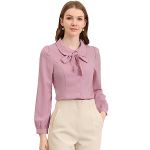 INSPIRE CHIC Women's Peter Pan Collar Bow Tie Neck Puff Long Sleeve Workwear Button Blouses - 1 of 4