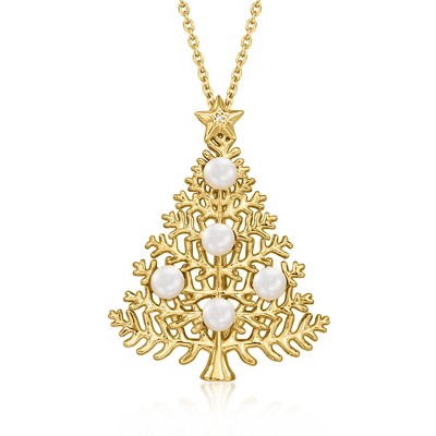 Ross-Simons 3.5-4mm Cultured Pearl Christmas Tree Pin/Pendant Necklace in 18kt Gold Over Sterling With Single Diamond Size 18
