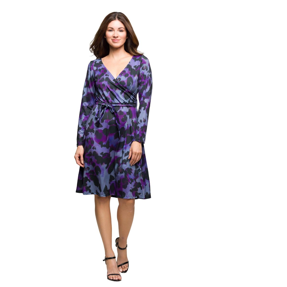 24seven Comfort Apparel Long Sleeve Wrap Dress with Belt  Purple Black Print