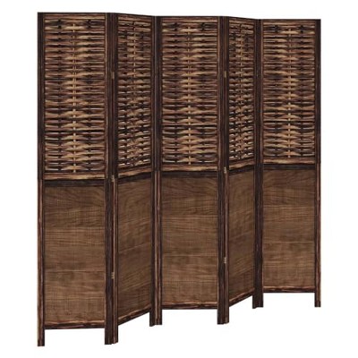 vidaXL 5-Panel Room Divider - Dark Brown Solid Paulownia Wood & Bamboo - Foldable Privacy Screen for Living Room, Bedroom, Office - Easy Clean