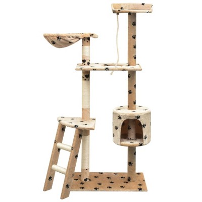 vidaXL Cat Tree Beige with black paw prints Plush, Sisal, Wood Large