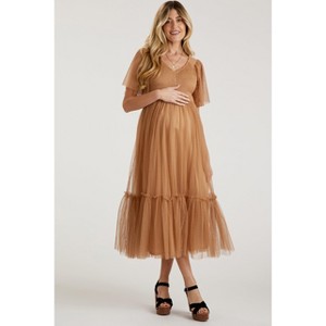 Pinkblush Camel Dotted Tulle Smocked Maternity Midi Dress - 1 of 3