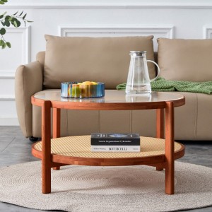 Modern minimalist circular double-layer solid wood coffee table, craft glass tabletop, second layer material: PE rattan, solid wood frame - 1 of 4