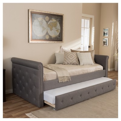 Gray Twin Upholstered Daybed with Tufted Nailhead Trim and Trundle
