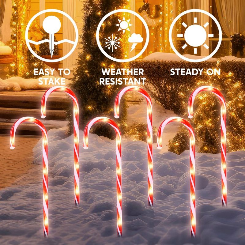 6Pcs 17" Christmas Candy Cane Pathway Markers Lights Stakes Lights with 36 Warm White Lights for Holiday Xmas Indoor Yard Patio, 2 of 9