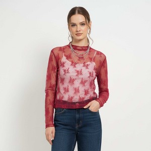 Women’s Floral Lace Slim-Fit Top – Sheer Stretch Tee with Baby Overlock Edge, Versatile Cherie Code - 1 of 4