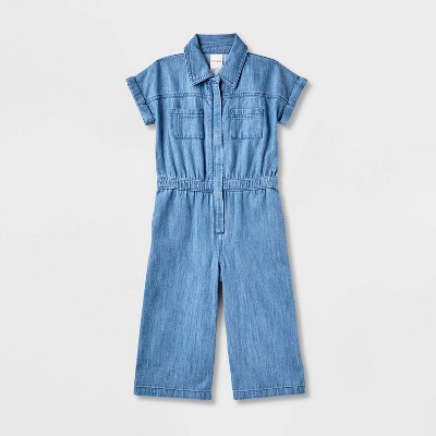 Toddler Girls' Adaptive Short Sleeve Denim Jumpsuit - Cat & Jack™ Medium Wash
