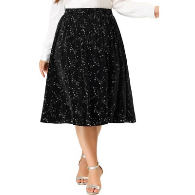 Agnes Orinda Women's Plus Size Outfits Velvet A Line Knee Length Star Flare  Skirt Black 1X