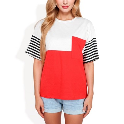 Anna-Kaci Women's Color Block T-Shirt with Striped Sleeves and Front Pocket Detail