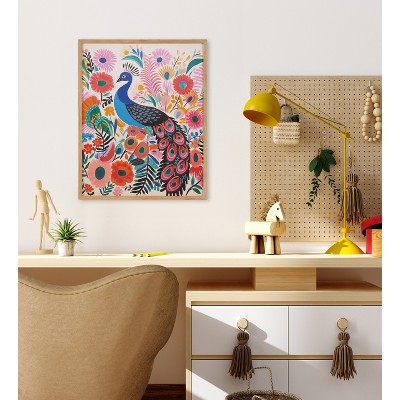 Bright Colorful Boho Peacock and Botanicals Print in Natural Wood Frame