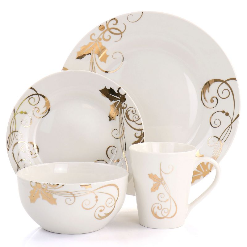 Gibson Home Seasoned Gold Fine Ceramic 16 Piece Dinnerware Set in White and Gold, 2 of 9