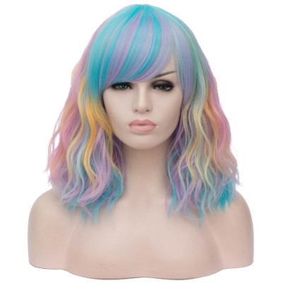 Unique Bargains Women Curly Fluffy Wavy Slant Bangs Human Medium Long Hair Wigs 16" with Wig Cap