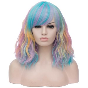 Unique Bargains Women Curly Fluffy Wavy Slant Bangs Human Medium Long Hair Wigs 16" with Wig Cap - 1 of 4