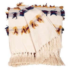 HomeRoots 50" X 60" Ivory Blue and Yellow Woven Cotton Striped Throw Blanket with Tassels and Fringe - 1 of 4