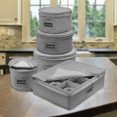 Gray Quilted 5-Piece Dinnerware Storage Set for 12
