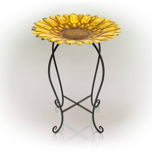 19" Embossed Iron/Glass Sunflower Birdbath Yellow - Alpine Corporation: Freestanding, Weather-Resistant - 1 of 4