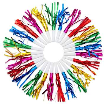 Juvale 50 Pack Colorful Party Noise Makers with Foil Tinsel Streamers for Party Favors, Birthday Squawkers, 5 Colors