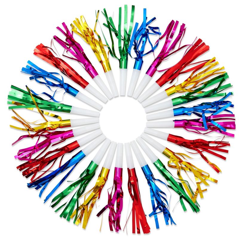 Juvale 50 Pack Colorful Party Noise Makers with Foil Tinsel Streamers for Party Favors, Birthday Squawkers, 5 Colors, 1 of 9