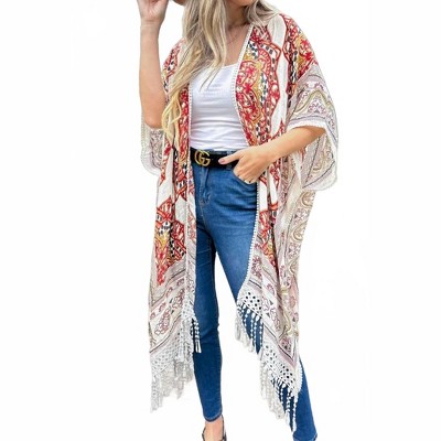 Women's Multi Printed Lace Detail Tassel Bottom Duster - Amoli