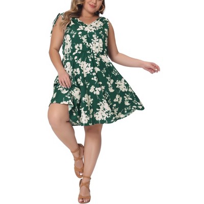 Agnes Orinda Women's Plus Size Boho Tie Strap Sleeveless Floral V Neck Midi A-Line Sundresses