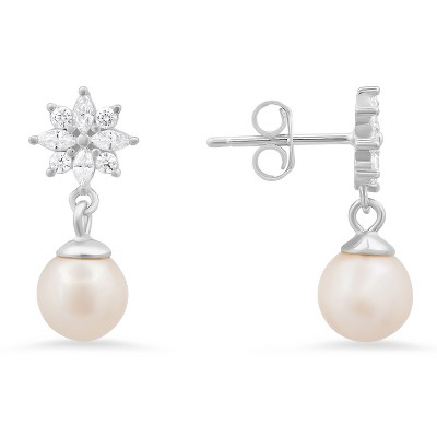 Sterling Silver Dangling Floral CZ & Pearl Stud Earrings
