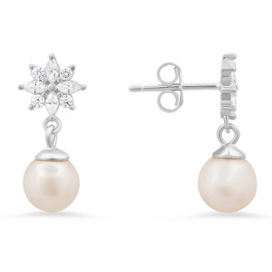 Sterling Silver Dangling Floral CZ & Pearl Stud Earrings - 1 of 2