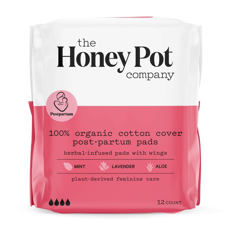 The Honey Pot Company, Herbal Post-Partum Pads with Wings, Organic Cotton Cover - 12ct, 1 of 11