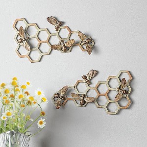 SPI Home Honeycomb and Bee Wall Plaques – Set of Gold Metal Nature-Inspired Wall Art, 15" x 8.5", Whimsical Garden Accent - 1 of 4