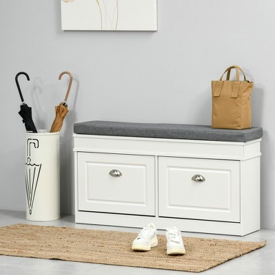 White Modern Shoe Rack Bench with Gray Cushion and Storage Drawers