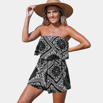 Women's Black-and-White Paisley Flounce Bodice Tube Top Romper - Cupshe