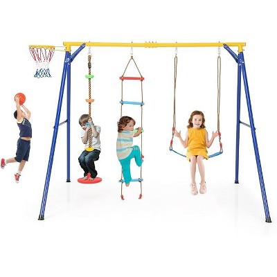 Costzon 660 lbs Swing Set for Backyard, 4-in-1 Heavy Duty Metal Frame with Adjustable Swing, Hoop, Climbing Rope & Ladder, Outdoor Playset for Kids