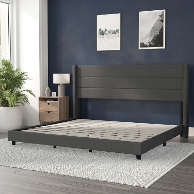 Charcoal Linen King Upholstered Platform Bed with Wingback Headboard