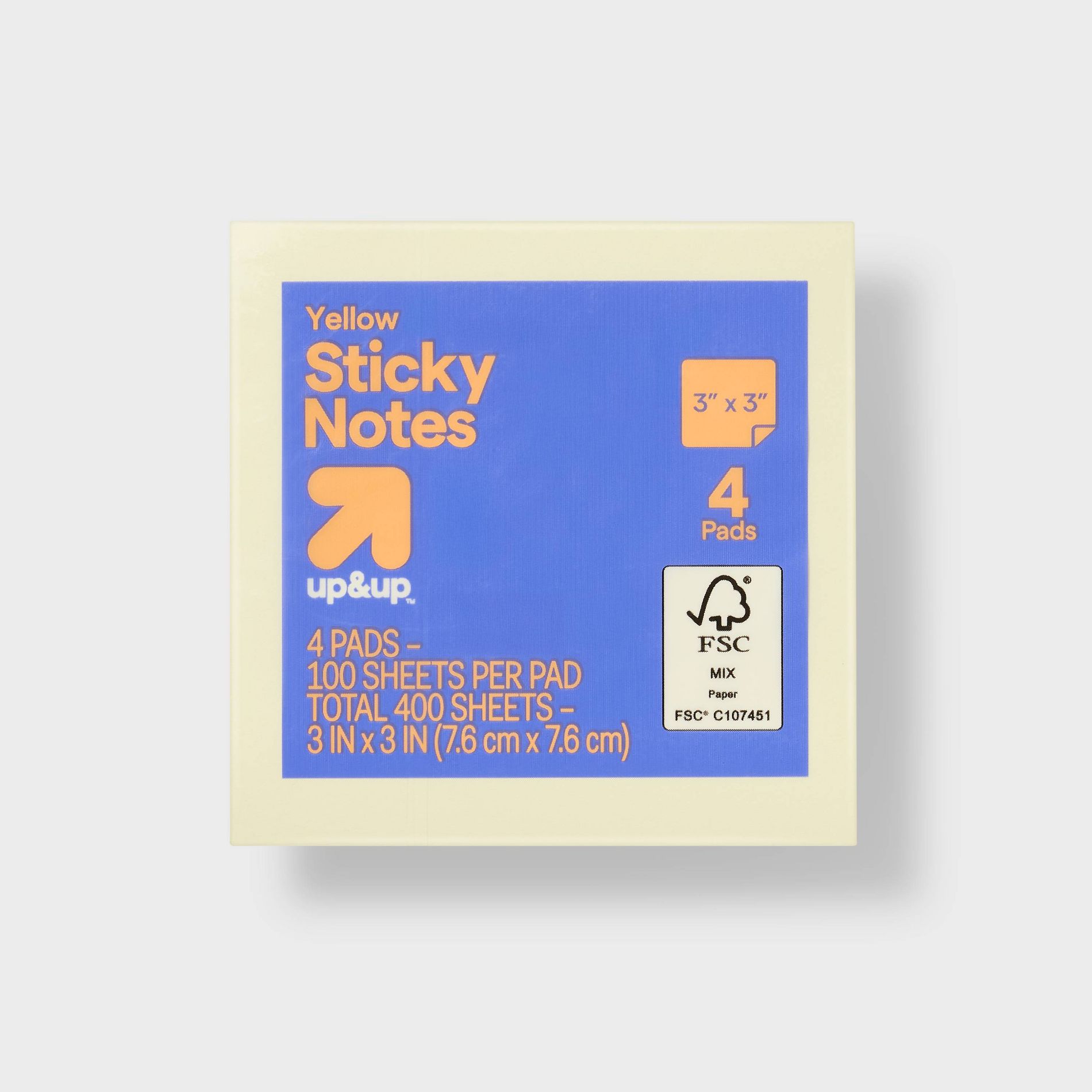 Sticky Notes Cube 3" x 3" 4ct Yellow - up&up™: 400 Sheets, Multicolor, Office Supplies, Uncoated Paper