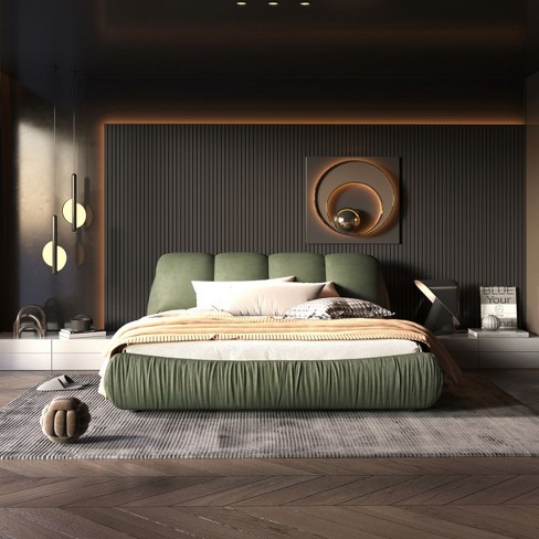 Green Queen Size Upholstered Bed Frame solid Wood Bed Frame upholstered Platform Bed With Oversized Padded Backrest Thickening Bed Slats cuddlewood Target