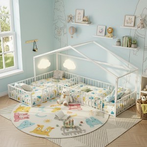 Polibi Double Twin Size L-Shaped Montessori Metal House Bed Frame - 1 of 4