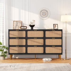 Rattan 9-Drawer Dresser w/ Deep Storage & Wide Top - Tall Wood Frame Chest,Large Long Wooden Dresserfor Bedroom/Living Room/Hallway/Nursery - 1 of 4